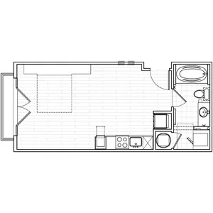 Studio apartment floor plan at Avenue 80 featuring an open layout with combined living and sleeping area, modern kitchen, and bathroom.