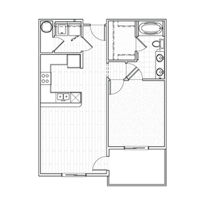 A2 one-bedroom apartment floor plan at Avenue 80 featuring a bedroom, kitchen, living area, bathroom, and a balcony.