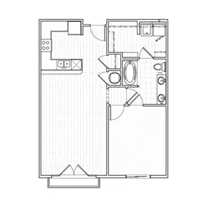 One-bedroom apartment floor plan at Avenue 80 showcasing a spacious living room, separate bedroom, modern kitchen, bathroom and balcony.