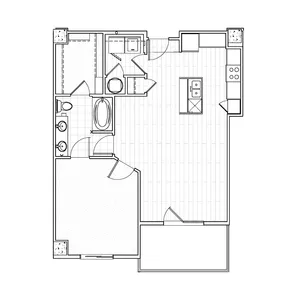 One-bedroom apartment floor plan at Avenue 80 showcasing a spacious living room, separate bedroom, modern kitchen, bathroom and balcony.