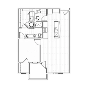 One-bedroom apartment floor plan at Avenue 80 showcasing a spacious living room, separate bedroom, modern kitchen, bathroom and balcony.