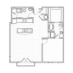 One-bedroom apartment floor plan at Avenue 80 showcasing a spacious living room, separate bedroom, modern kitchen, bathroom and balcony.