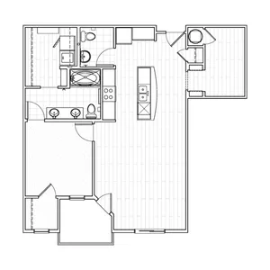 One-bedroom plus den apartment floor plan at Avenue 80 featuring a living room, separate bedroom, additional den space, modern kitchen, one and a half bathrooms, and a balcony.
