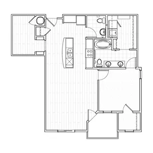 One-bedroom plus den apartment floor plan at Avenue 80 featuring a living room, separate bedroom, additional den space, modern kitchen, one and a half bathrooms, and a balcony.