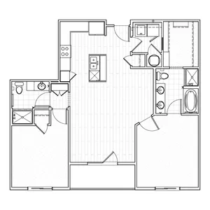 Two-bedroom apartment floor plan at Avenue 80 with a large living area, two separate bedrooms, modern kitchen, and two bathrooms.