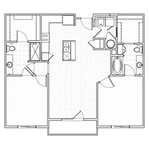 Two-bedroom apartment floor plan at Avenue 80 with a large living area, two separate bedrooms, modern kitchen, and two bathrooms.