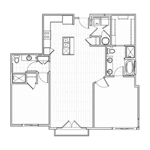 Two-bedroom apartment floor plan at Avenue 80 with a large living area, two separate bedrooms, modern kitchen, and two bathrooms.