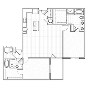 Two-bedroom apartment floor plan at Avenue 80 with a large living area, two separate bedrooms, modern kitchen, and two bathrooms.