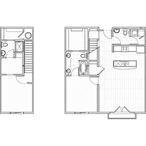 Two-bedroom apartment floor plan at Avenue 80 with a large living area, two separate bedrooms, modern kitchen, and two bathrooms.
