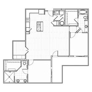 Two-bedroom plus den apartment floor plan at Avenue 80 highlighting a large living area, two separate bedrooms, additional den space, modern kitchen, and two bathrooms.