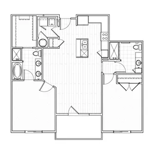 Two-bedroom apartment floor plan at Avenue 80 with a large living area, two separate bedrooms, modern kitchen, and two bathrooms.