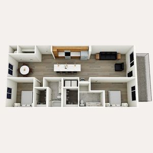 B1 floor plan &ndash; 2 bedroom, 2 bath, 1,228 sq ft