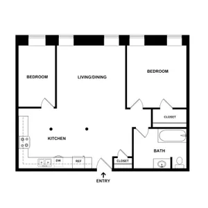 2 bedroom 1 bathroom 1000 sq. ft. floor plan, Pepperell Mill, Biddeford, Maine