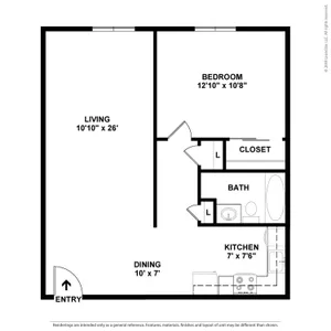 Elegant floor plan showcasing a spacious living room, cozy bedroom, fully equipped kitchen, and a convenient dining area.