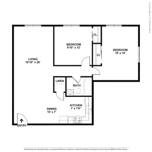 Chic floor plan showcasing 2 bedrooms, spacious living area, and functional kitchen with dining space. Includes bath, linen closet, and two convenient closets in bedrooms.