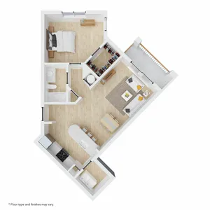 Modern open-concept floor plan featuring a cozy bedroom, spacious living and dining area, stylish kitchen, and balcony access.