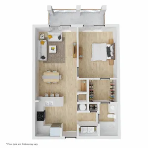 Modern 2D floor plan showcasing an elegant 1-bedroom layout with an open-concept living and dining area, stylish kitchen, and spacious balcony.