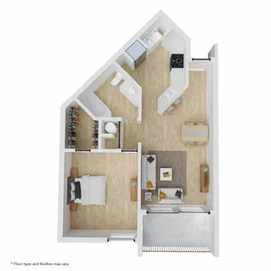 Modern 1-bedroom apartment floor plan showcasing an open kitchen, cozy living area, and a spacious balcony.