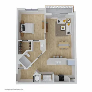 Modern open-concept floor plan featuring a spacious bedroom, cozy living area, stylish dining space, and a contemporary kitchen with an island.