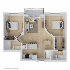 Chic 3D floor plan showcasing 2 bedrooms, an open living and dining area, sleek kitchen, and balcony with stylish wooden flooring.