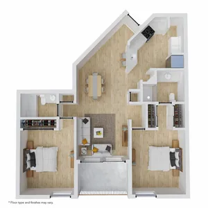 Contemporary floor plan showcasing 2 spacious bedrooms, a stylish living room, modern kitchen, and dining area with elegant wood flooring.
