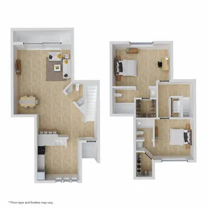 Chic two-level floor plan with open-concept living and dining area, cozy kitchen, and two spacious bedrooms, perfect for modern living.