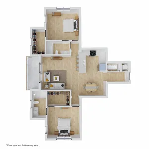 Modern apartment floor plan showcasing 3 spacious bedrooms, a cozy living area, open kitchen with bar seating, and a dining space. Includes two bathrooms and ample closet storage.