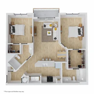 Modern open-concept floor plan showcasing 2 spacious bedrooms, elegant living room with balcony access, and a chic kitchen with breakfast bar.