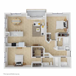 Modern 3D floor plan featuring 2 bedrooms, spacious living area, open kitchen, and cozy dining space with balcony access.