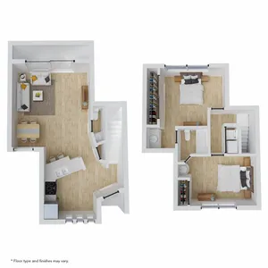Modern two-story floor plan featuring two bedrooms, an inviting open-concept living area, and a stylish kitchen.