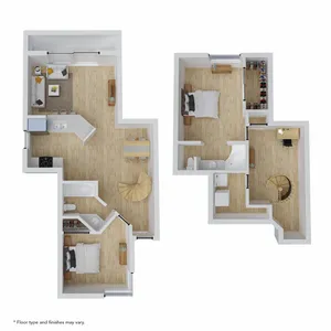Chic two-level floor plan featuring an open-concept living room, modern kitchen, two cozy bedrooms, and a spiral staircase for added elegance.