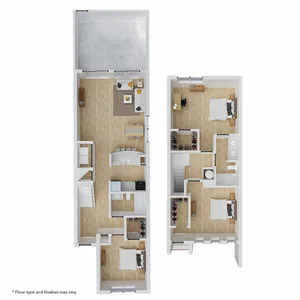 Elegant 3D floor plan showcasing a modern two-story apartment with three spacious bedrooms, a stylish open-concept living area, and a sleek kitchen, perfect for contemporary living.