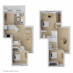 Modern 3D floor plan showcasing two-story design with spacious living room, stylish kitchen, two bedrooms, home office space, and spiral staircase.