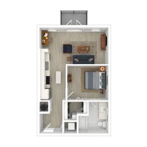 Modern apartment floor plan showcasing a spacious 1-bedroom with an open-concept living area, stylish kitchen, cozy living room, and a balcony.
