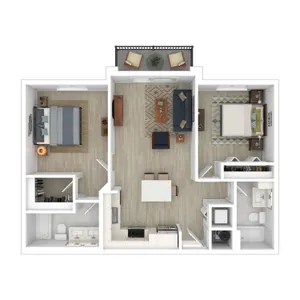Modern 2D floor plan featuring two spacious bedrooms, an open living and dining area, sleek kitchen, and private balcony with seating.
