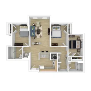 Modern floor plan showcasing three bedrooms, spacious open living and dining area, elegant kitchen, and two well-appointed bathrooms.