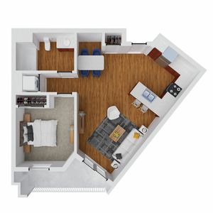 Modern open-concept apartment floor plan featuring one bedroom, a stylish living area, and a sleek kitchen with a breakfast bar.