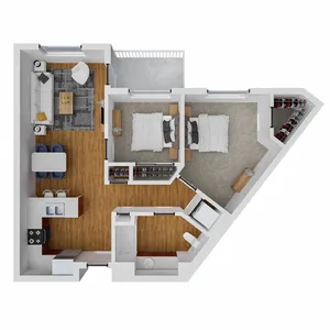 Contemporary 3D floor plan showcasing 2 bedrooms, cozy living area, modern kitchen, and elegant bathroom with ample closet space.