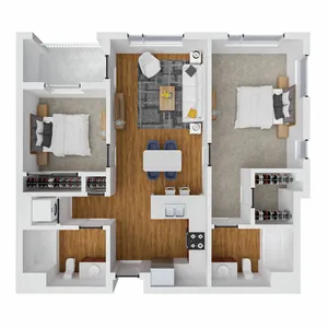 Modern 3D floor plan featuring two spacious bedrooms, an open-concept living and dining area, sleek kitchen, and two stylish bathrooms.