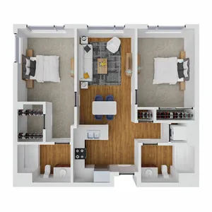 Elegant 3D floor plan showcasing 2 spacious bedrooms, a cozy living room, and modern kitchen, ideal for comfortable living.