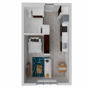 Modern 1-bedroom apartment floor plan with a cozy living area, sleek kitchen, and stylish bathroom.
