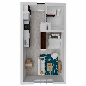 Modern open-plan studio apartment featuring a cozy bedroom, stylish kitchen, elegant living area, and contemporary bathroom.