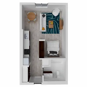 Charming studio apartment floor plan featuring an open-concept living area, cozy sleeping space, modern kitchen, and stylish bathroom.