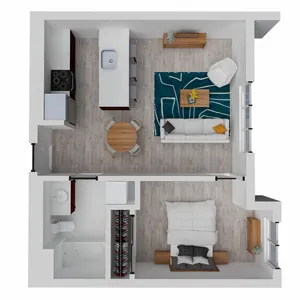 Modern 3D floor plan showcasing an open-concept living area with a stylish kitchen, cozy living room, and inviting bedroom.