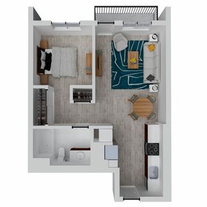 Modern apartment floor plan showcasing a spacious bedroom, open living area, sleek kitchen, and stylish bathroom, complete with balcony access.