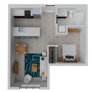 Modern 1-bedroom apartment floor plan with open-concept kitchen, cozy living area, and stylish bathroom.