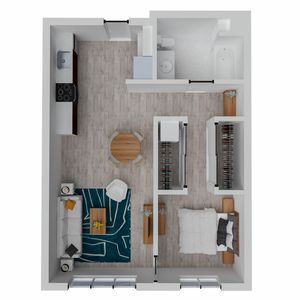 Chic apartment floor plan showcasing 1 bedroom, stylish open living area, cozy kitchen, and modern bathroom.