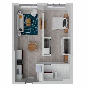 Chic 1-bedroom apartment floor plan with open living area, modern kitchen, cozy bedroom, and well-appointed bathroom. Ideal for stylish urban living.