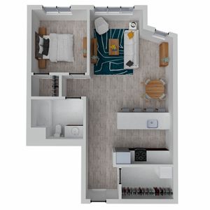 Modern 2D floor plan with a cozy bedroom, inviting living room, sleek kitchen, and elegant bathroom, perfect for contemporary living.
