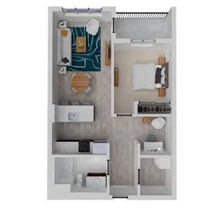 Contemporary 1-bedroom apartment floor plan showcasing an open-concept living area, modern kitchen, and chic balcony space.